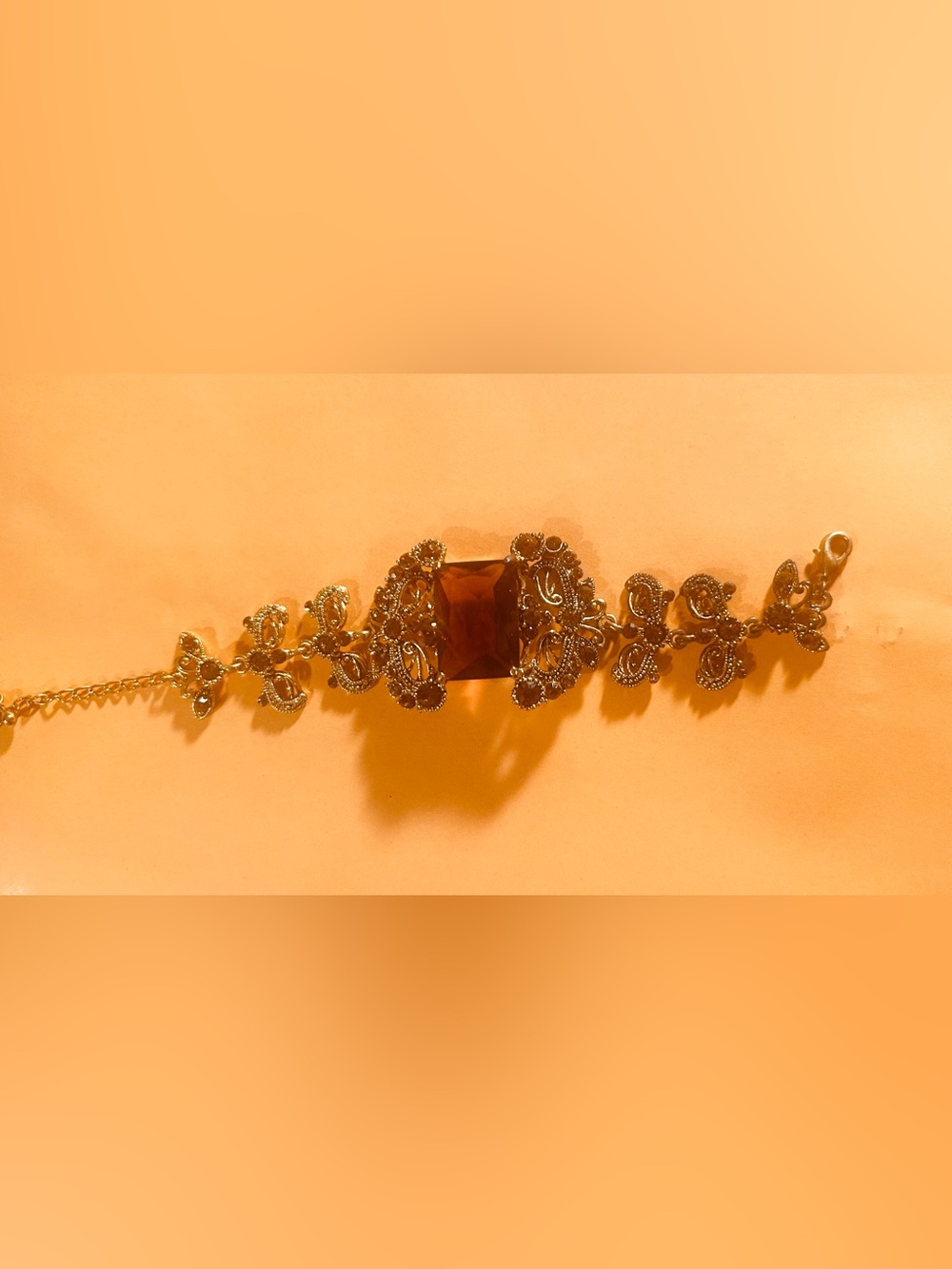 Vintage Gold Bracelet with Amber Glass Center